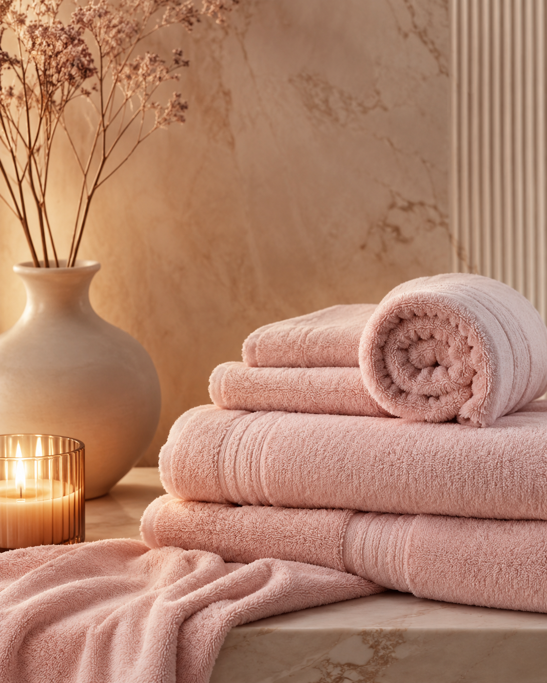Blush pink luxury towels folded and rolled on marble