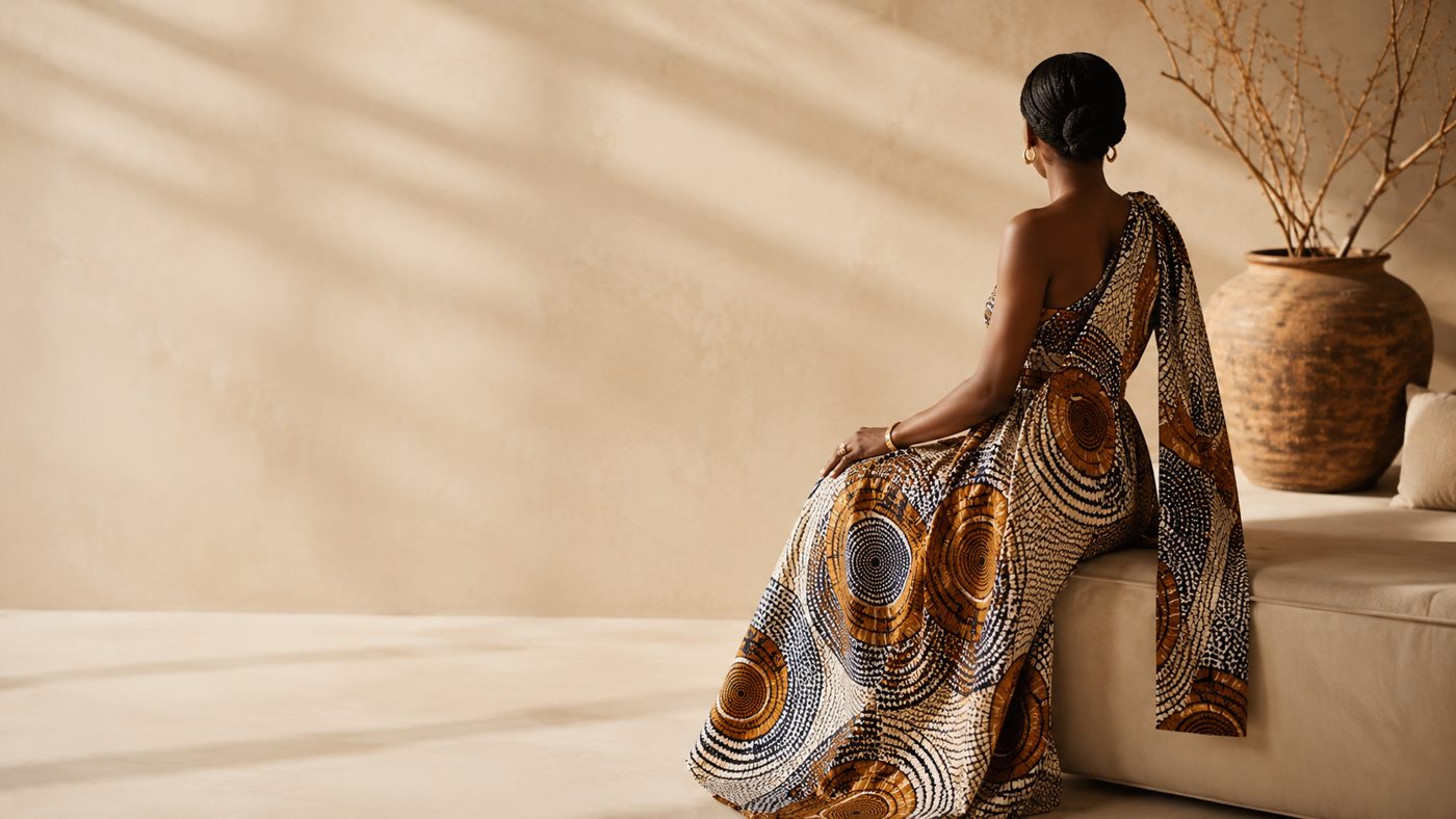 Circular-print Ankara cloth styled as a one-shoulder gown