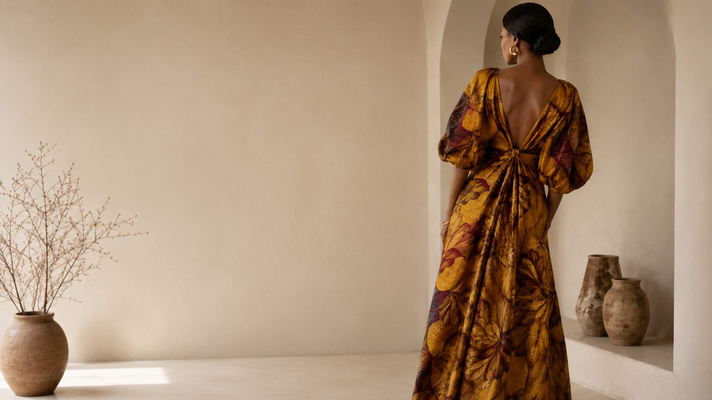 Golden floral Ankara cloth draped as an evening gown