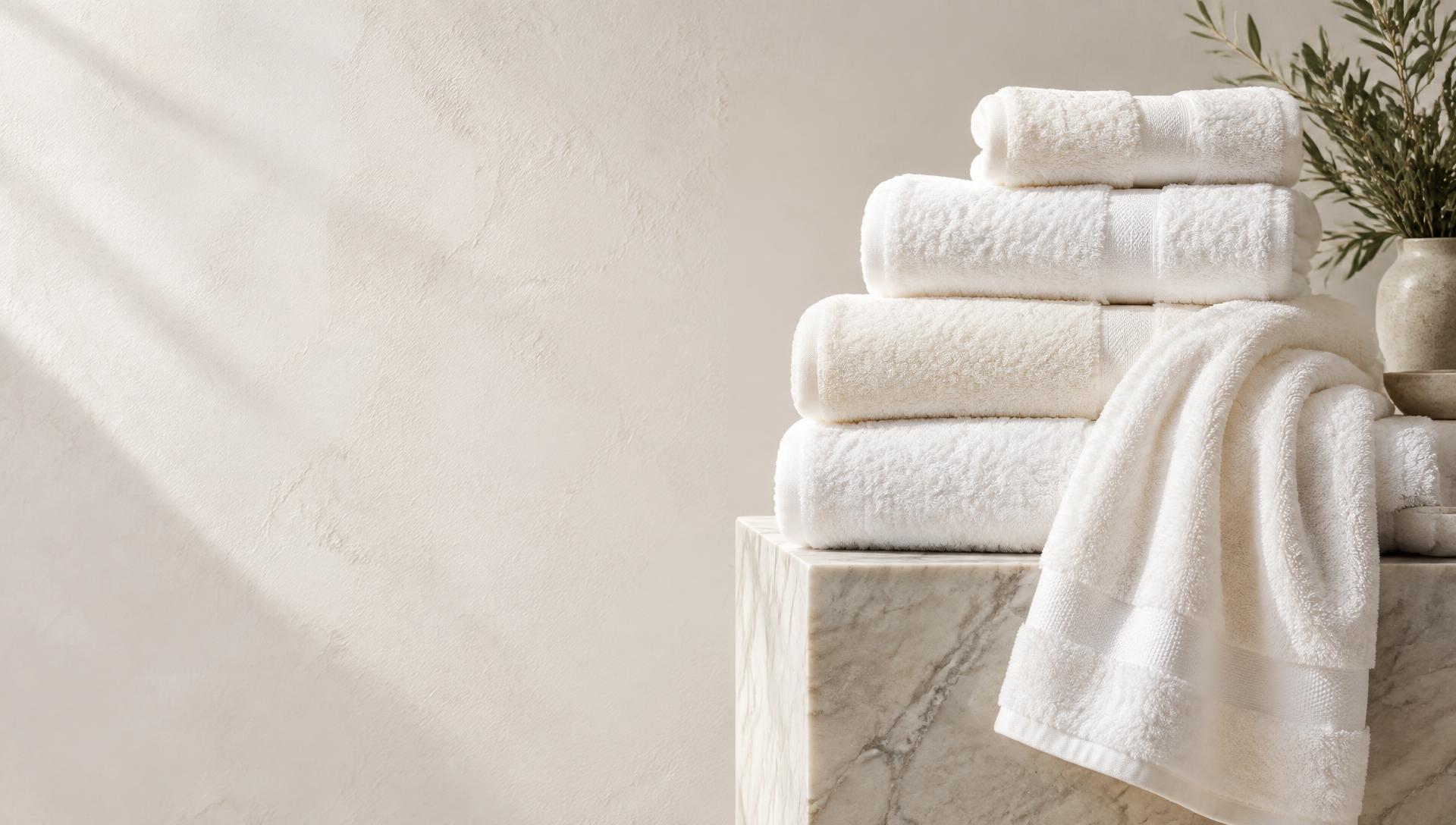 Premium white cotton towels folded and draped on a marble plinth